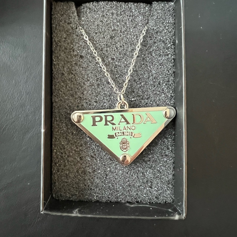 PRADA SILVER & MINT TRIANGLE PENDANT with ADDED UNBRANDED 18”CHAIN - Picture 7 of 7